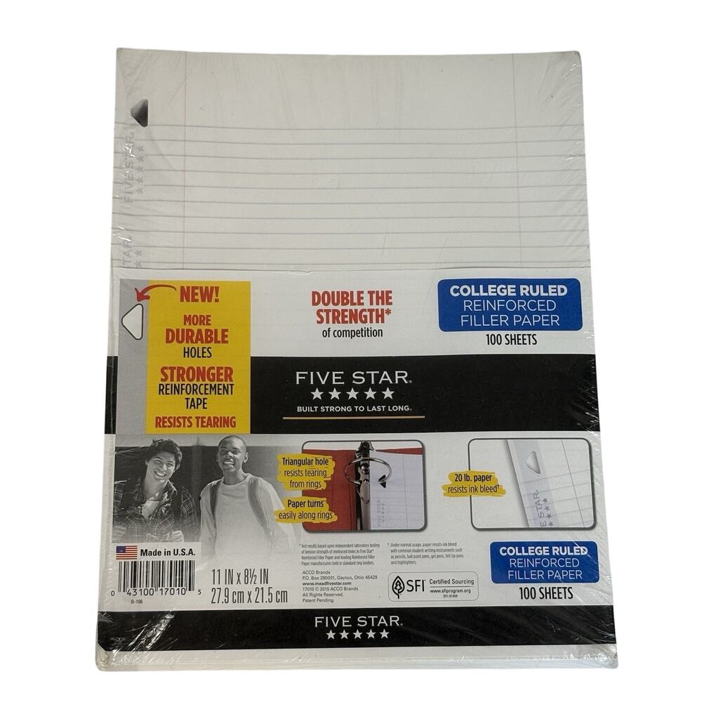 VTG Five Star 3 Hole Reinforced Notebook Filler Paper College Ruled 100 Sheets